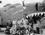 The B-24 bomber "Stork Club" crew posing for a picture.  Harry Nutter Russell is kneeling second from the left. He disappeared when he bailed out of "Stork Club," and presumably drowned in Lake Dian (Kunming Lake). (Thanks L. Silverman for the extra info!)