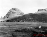 Air base buildings at the base of a karst mountain at the US base at Guilin, in Guangxi province, China, during WWII.