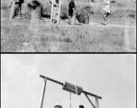 Workers in China load raised water storage tanks by hand via pails and rope lifts. Below is a boiler heating the water. At an American military base in China. During WWII.