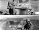 Douglas Runk (top image) lays out his gear, including a pistol, somewhere in SW China during WWII. The lower image might be another GI.  The symbol painted on the middle under the jeep's windscreen indicates US Army's Y-FOS liaison team attached to Chinese Y-Force.