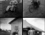 William Pribyl, 961st Petroleum Products Laboratory, in various poses in India: In front of tent, on motorcycle, reading a book, with a dog. During WWII.