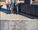 HUANG Xiling and SUN Hong with James Vaughn's cousin Jim Brunson in Bronte, Texas, at a memorial marker, in 2002. This was part of our project visit to learn more of the story of James Vaughn and the impact of his loss.  Photo by Patrick Lucas.