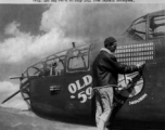 Sgt. William R. Zieman of Chicago, Illinois chalks up the 121st mission on the North American B-25 "Old 59" at an airbase somewhere in China during WWII.  341st Bomb Group, 491st Bomb Squadron.