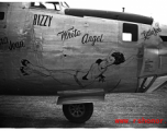 Nose art of a Consolidated C-109 (a modification of the B-24 bomber) "White Angel" in the CBI during WWII. The cockpit window is labeled with a large uppercase "BIZZY." Probably serial #44-49059.