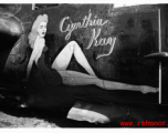 The crashed P-61 "Howe's About It" showing nose art of a woman reclining with the name "Cynthia Kay." 