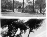 Countryside and small thatched buildings, possibly homes.  Scenes in India witnessed by American GIs during WWII. For many Americans of that era, with their limited experience traveling, the everyday sights and sounds overseas were new, intriguing, and photo worthy.
